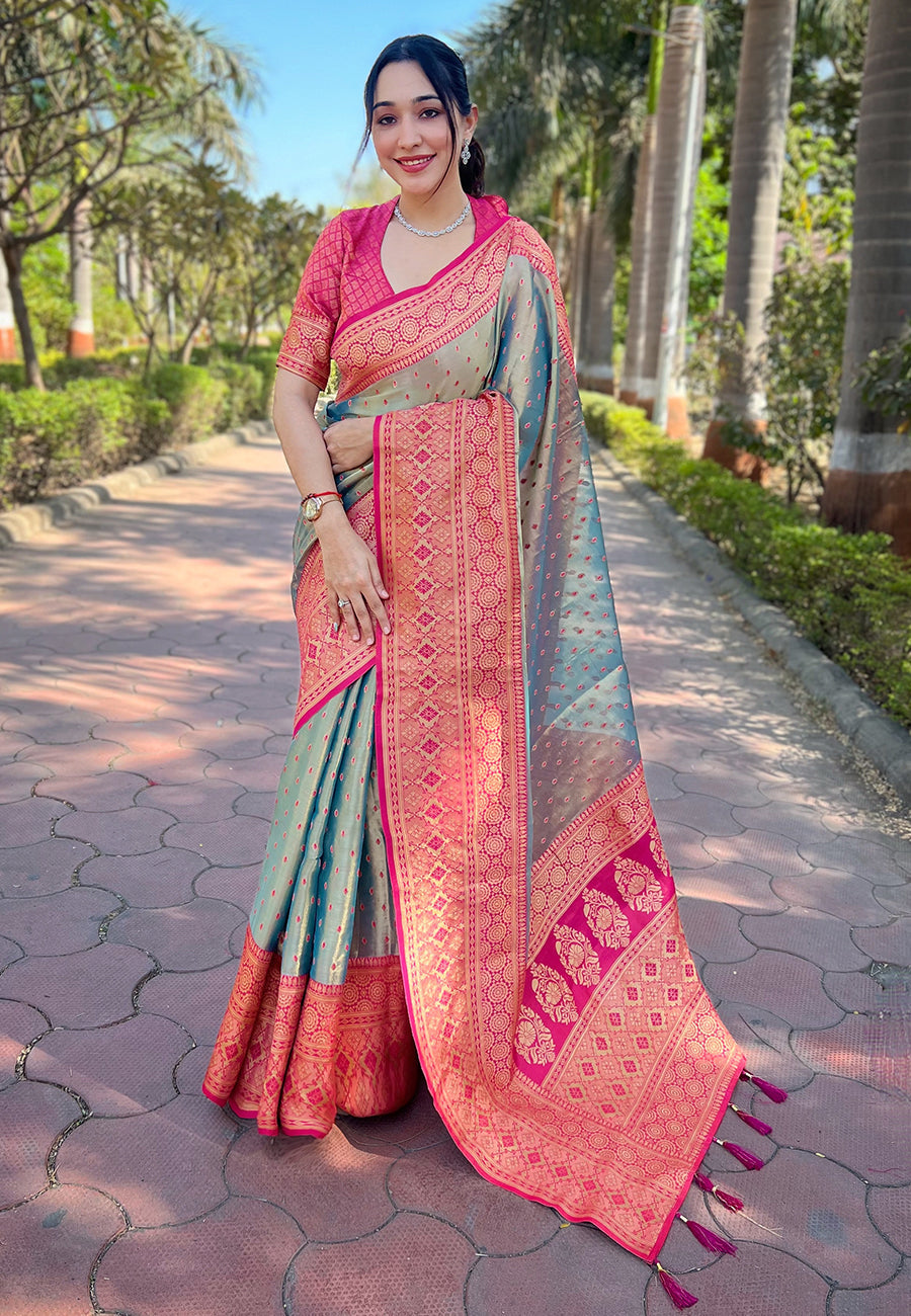 Grey Pure Tissue Zari Woven Saree with Contrast Weaves