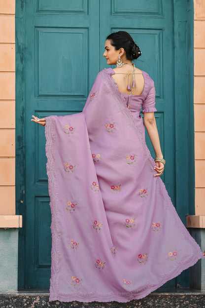 Lavender Floral Embroidered Tussar Cotton Saree