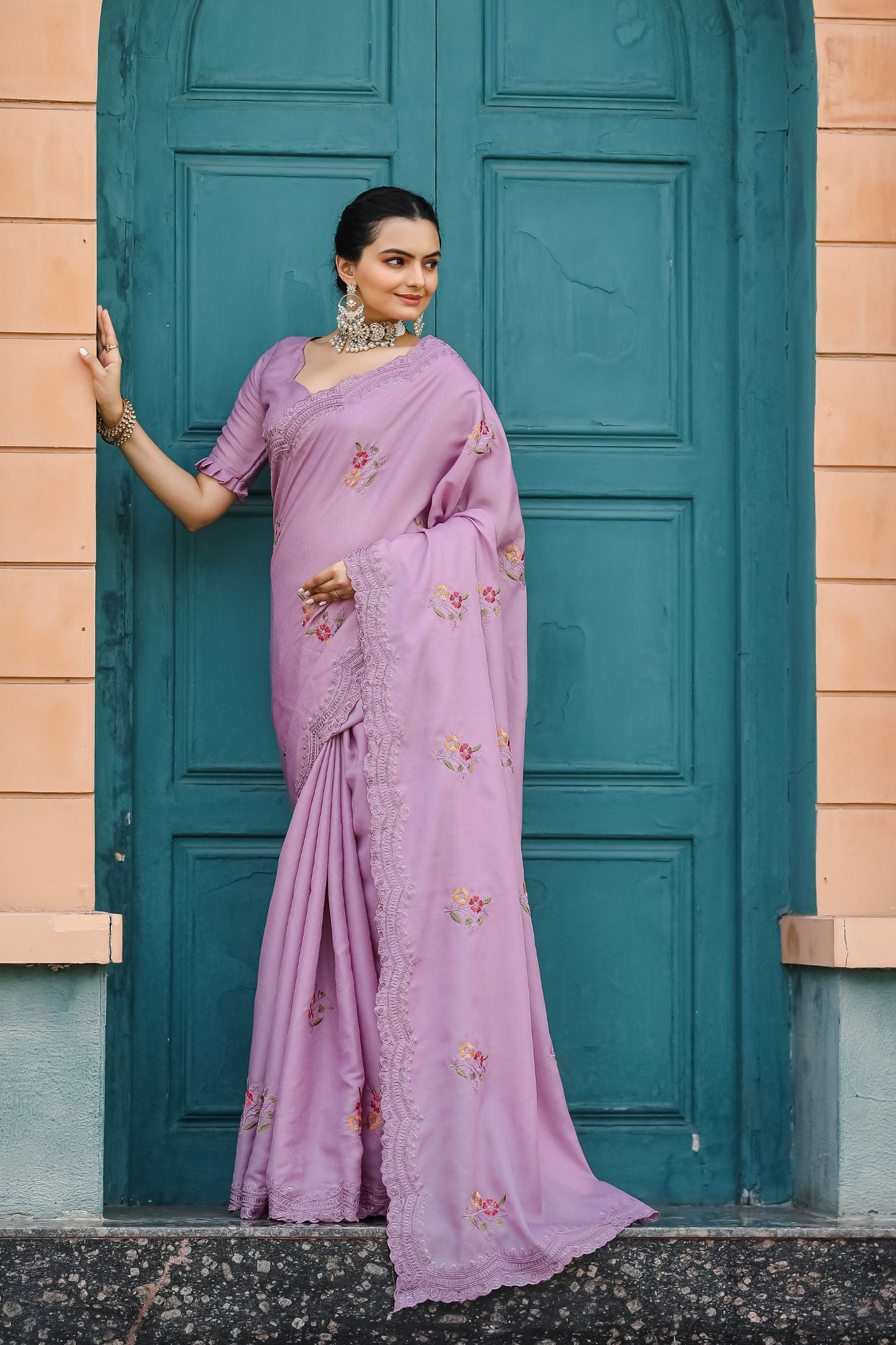 Lavender Floral Embroidered Tussar Cotton Saree
