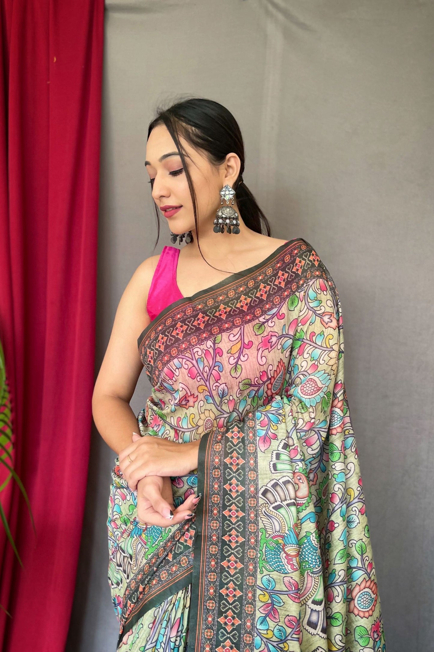 Mint Green Kalamkari Printed Malai Cotton Saree