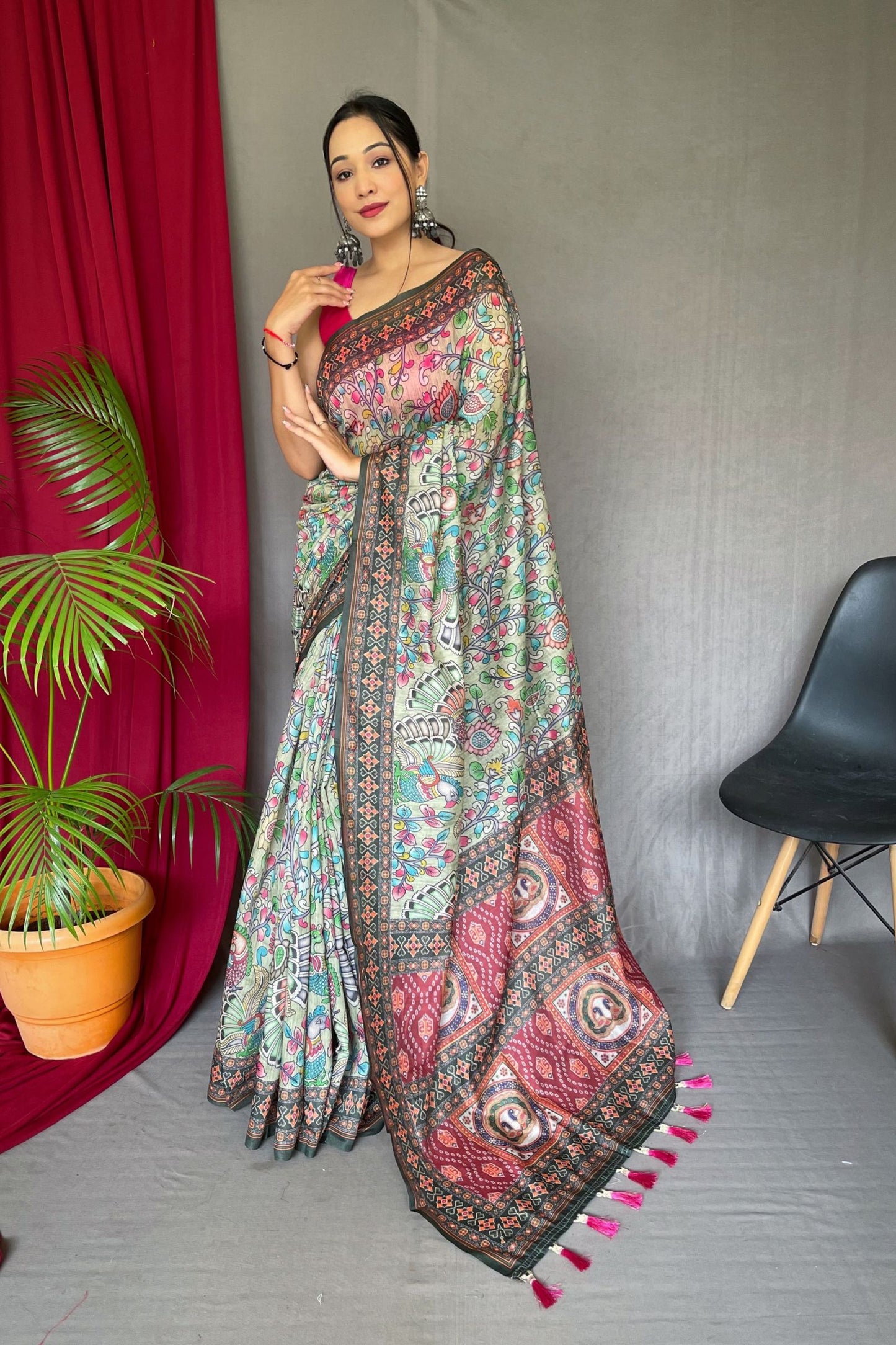 Mint Green Kalamkari Printed Malai Cotton Saree