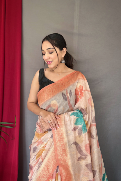 Peach Chanderi Silk Digital Print Saree