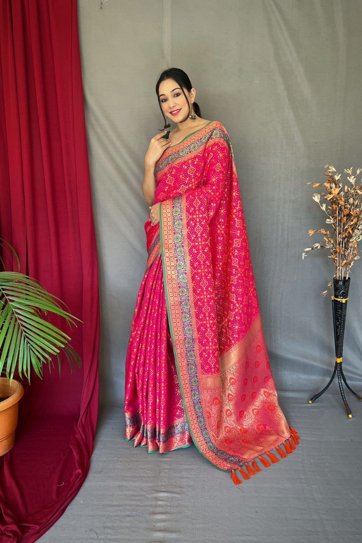 Rose Pink Patola Silk Saree with Flower Patola Fusion