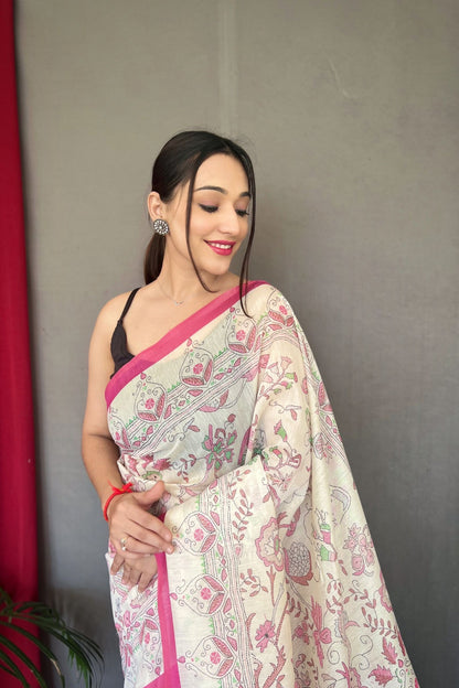 Pink Katha Printed Malai Cotton Saree