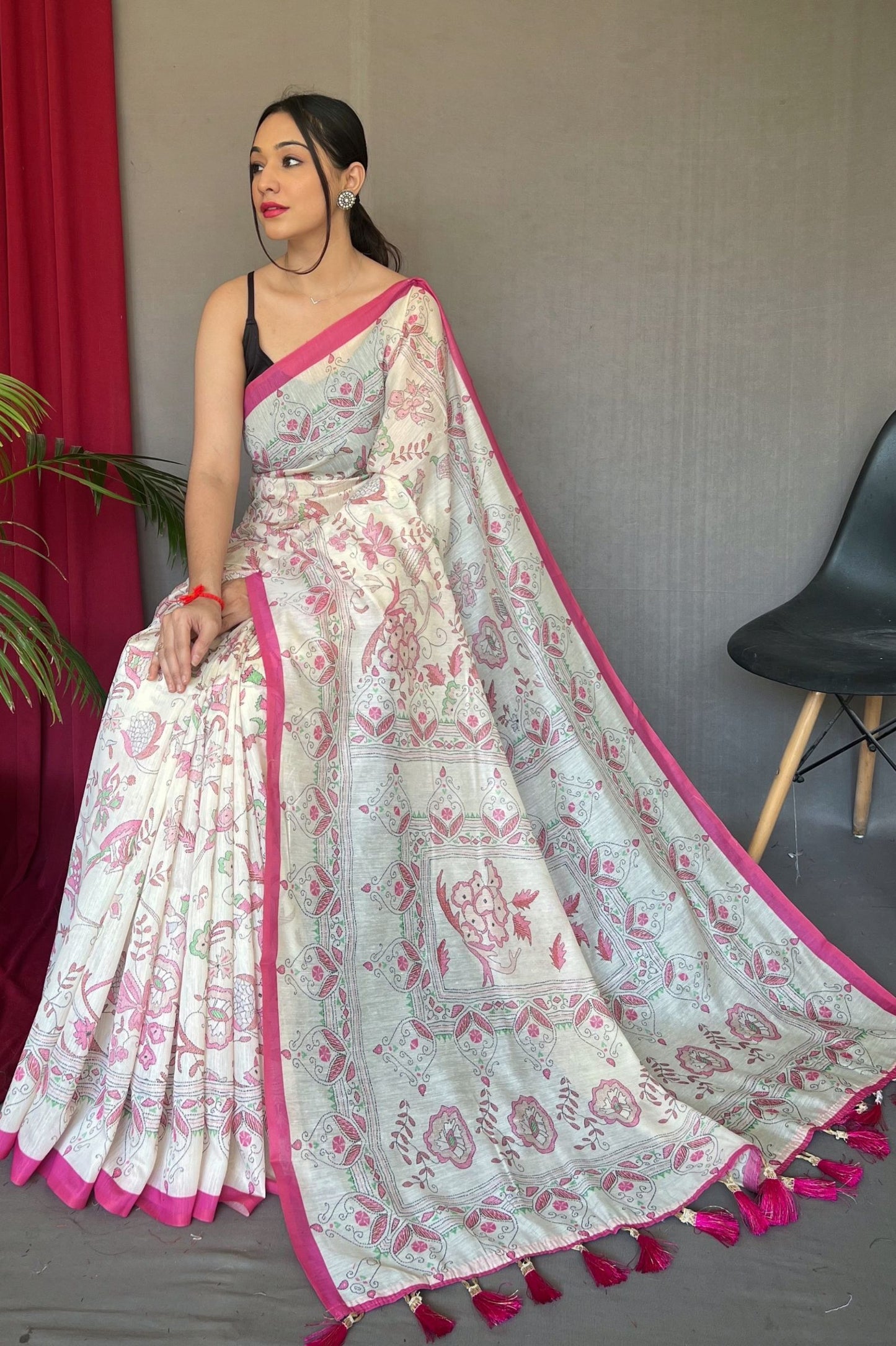 Pink Katha Printed Malai Cotton Saree