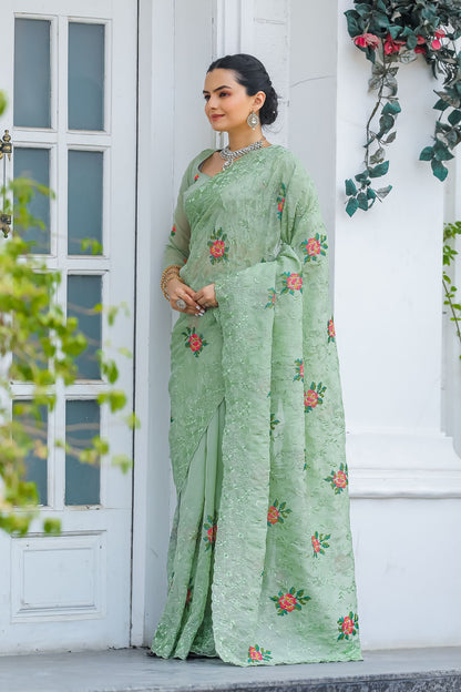 Mint Green Chiffon Saree with Cross-Stitch Embroidery