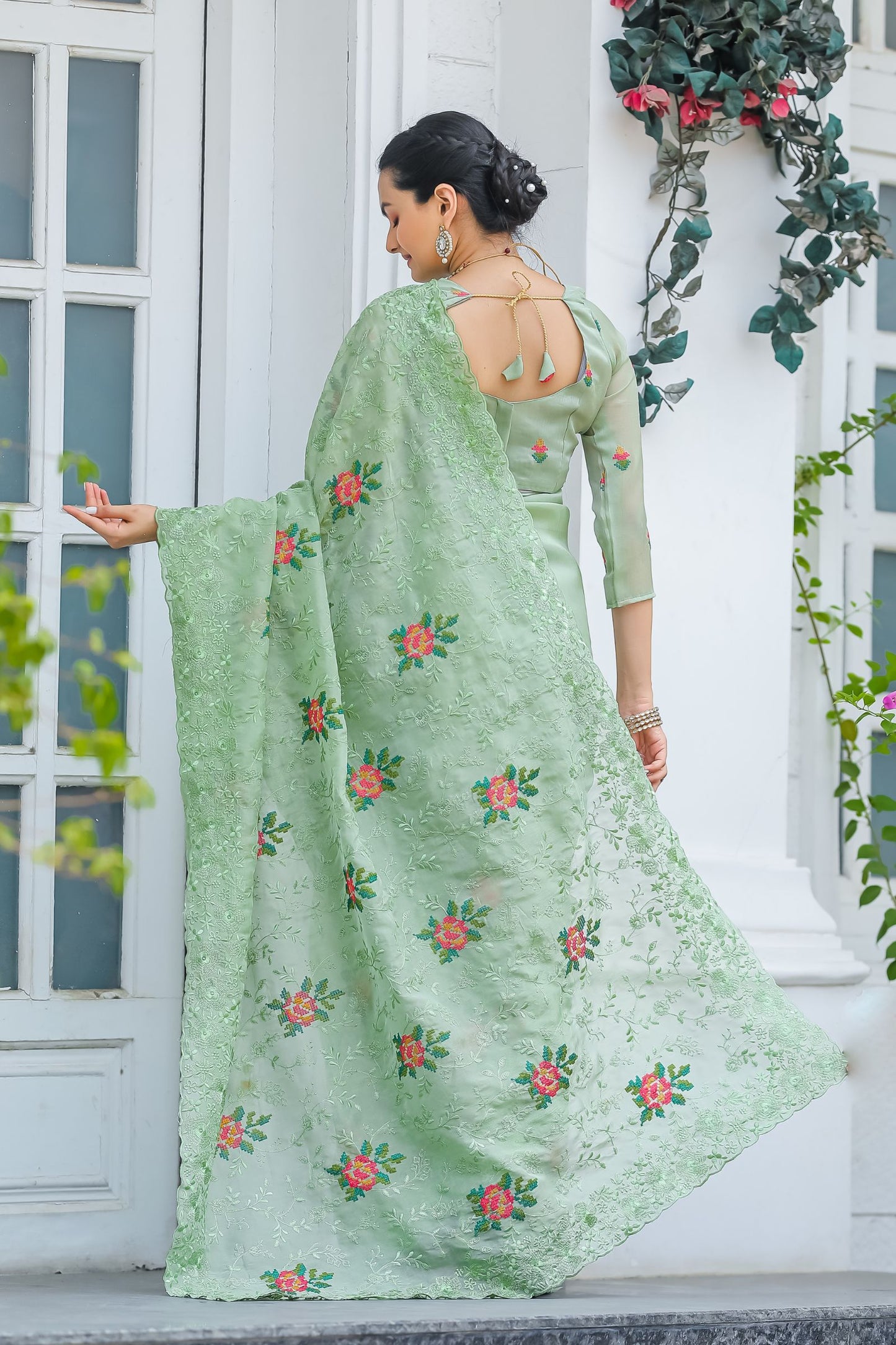 Mint Green Chiffon Saree with Cross-Stitch Embroidery