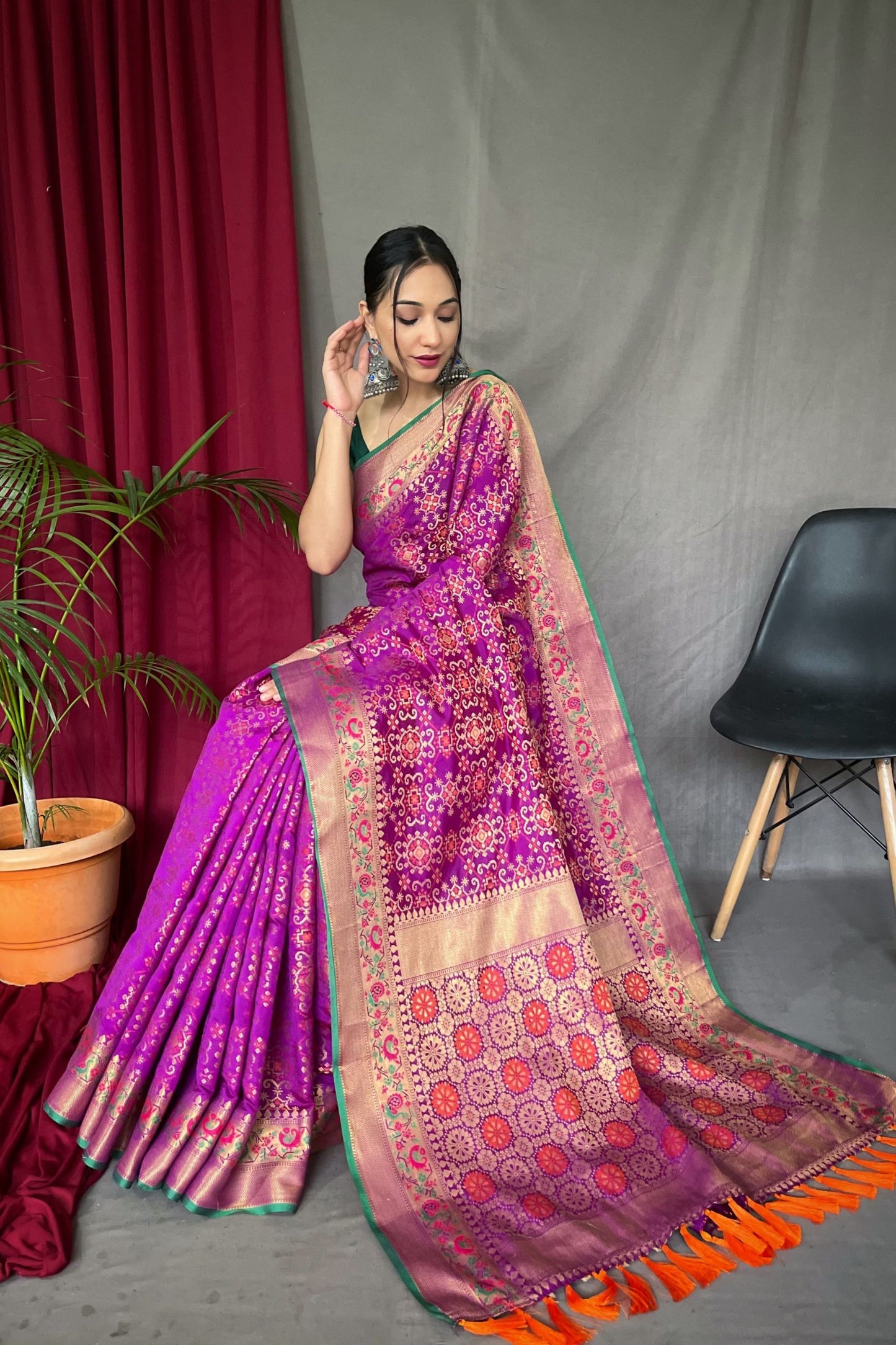 Purple Patola Silk Saree with Paithani Patola Fusion