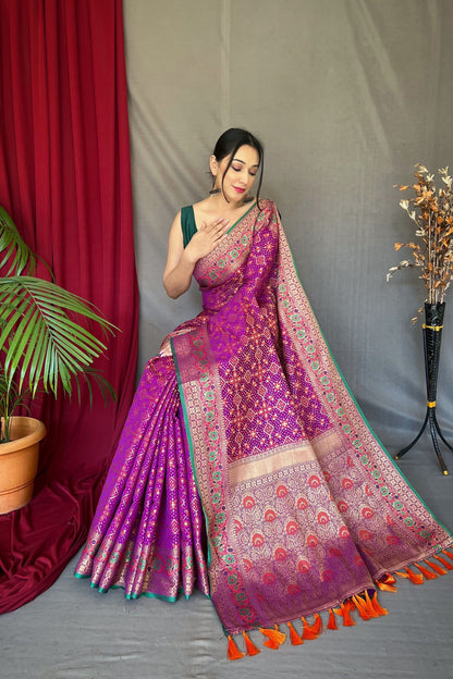 Purple Patola Silk Saree with Flower Patola Fusion