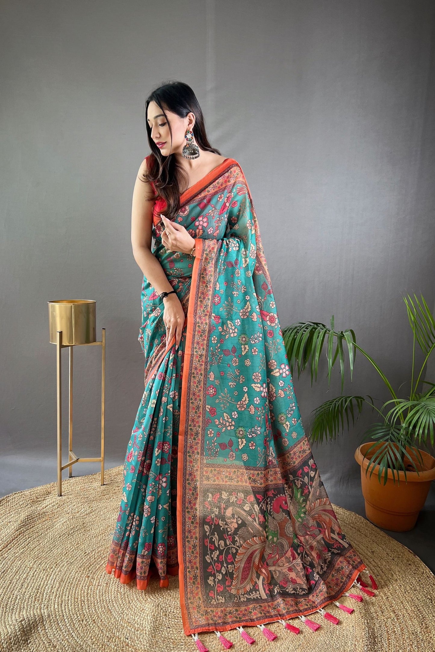 Rama Kalamkari Printed Malai Cotton Saree