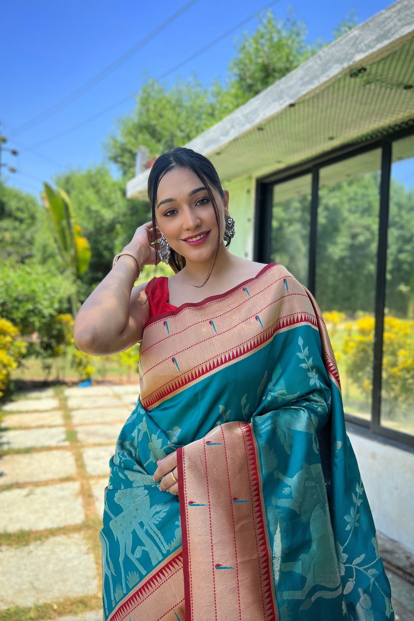 Rama Zari Woven Soft Paithani Silk Saree with Traditional Pattern