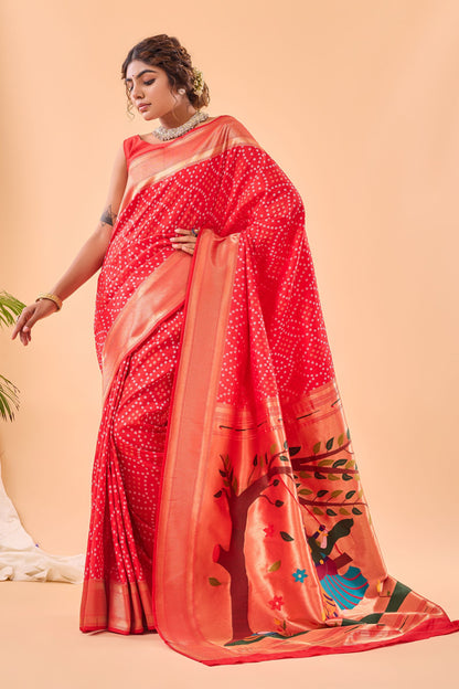 Tomato Red Bandhani Weaving Paithani Silk Saree