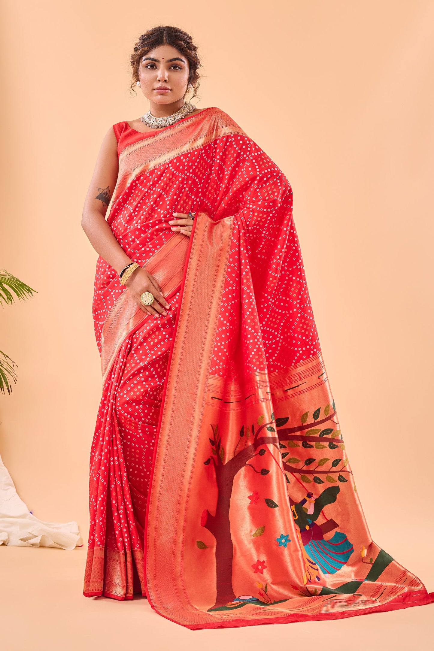 Tomato Red Bandhani Weaving Paithani Silk Saree