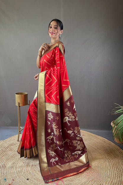 Red Zig Zag Zari Soft Silk Saree