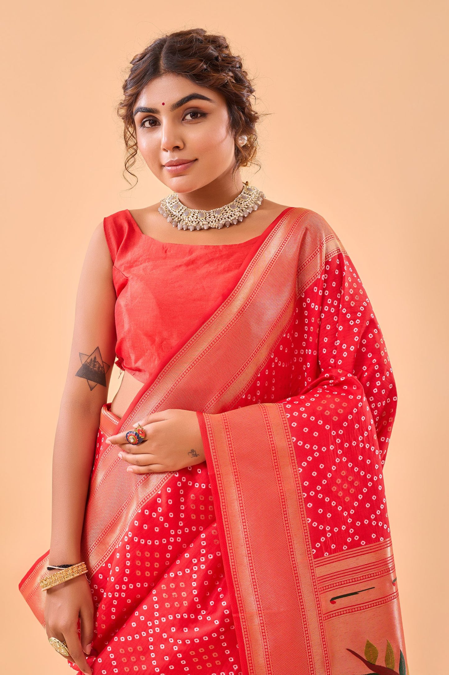 Tomato Red Bandhani Weaving Paithani Silk Saree
