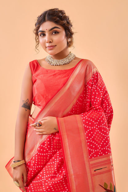 Tomato Red Bandhani Weaving Paithani Silk Saree