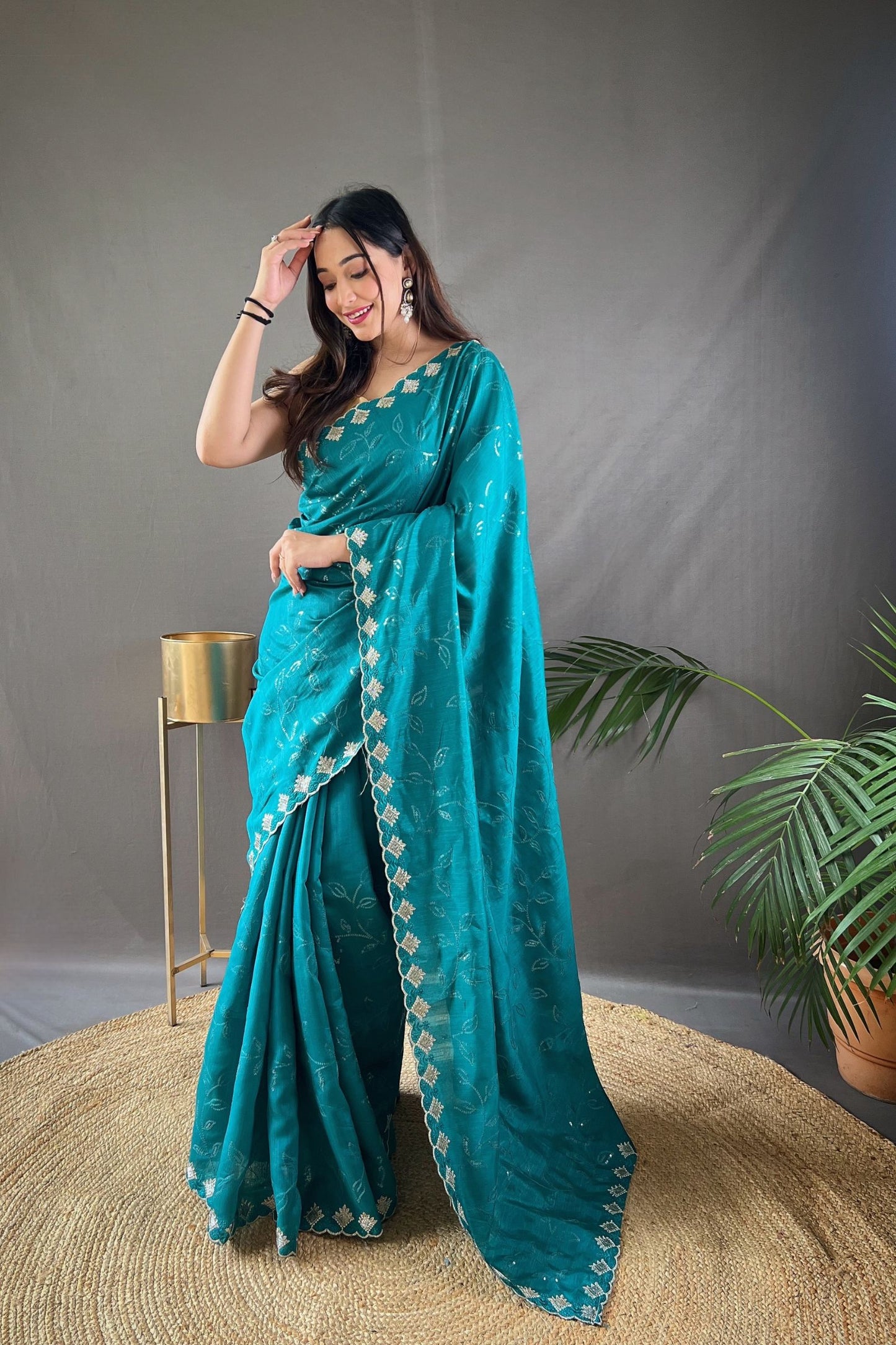 Turquoise Blue Sequins Work Silk Saree with Embroidered Border