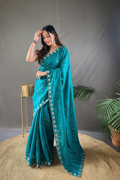 Turquoise Blue Sequins Work Silk Saree with Embroidered Border