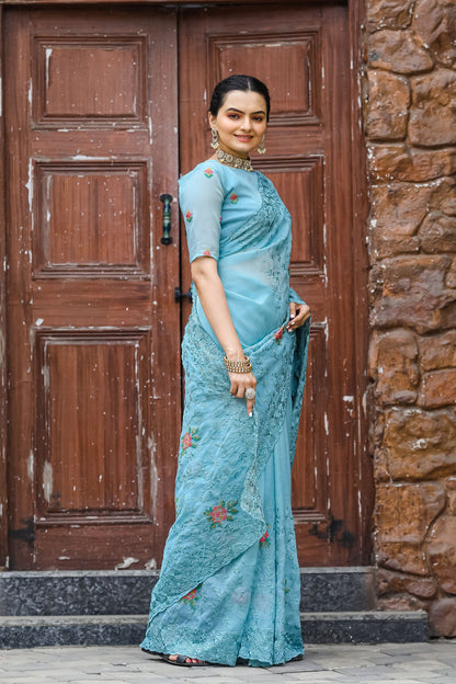 Sky Blue Chiffon Saree with Cross-Stitch Embroidery