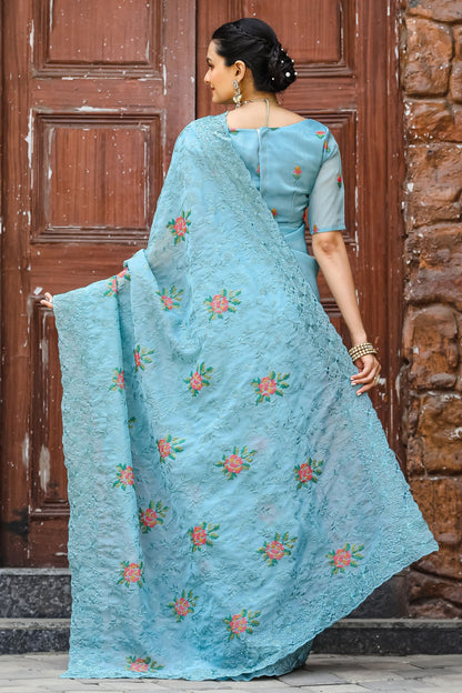 Sky Blue Chiffon Saree with Cross-Stitch Embroidery