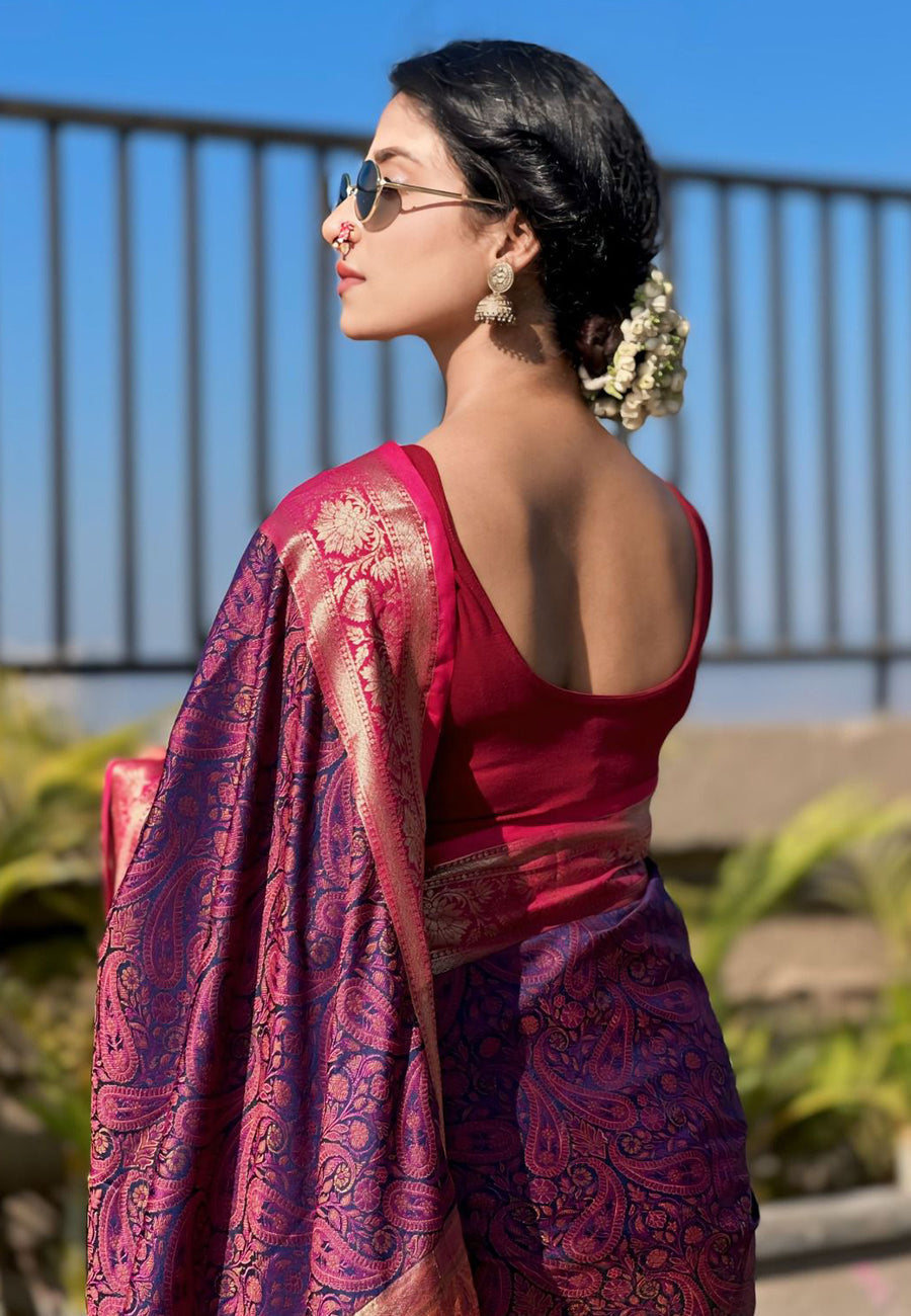 Violet Soft Kashmiri Silk Zari Woven Contrast Saree