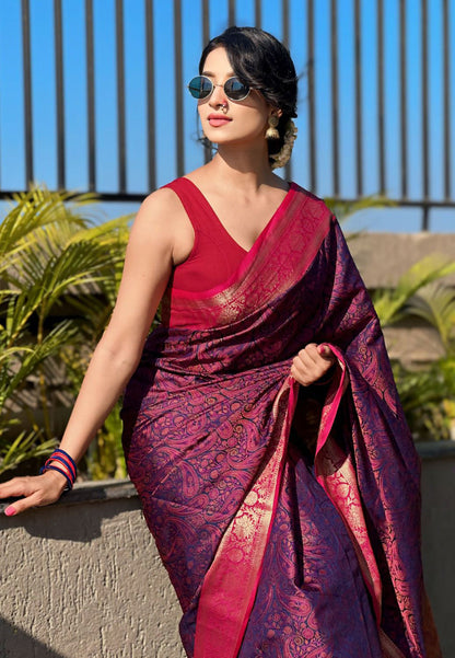 Violet Soft Kashmiri Silk Zari Woven Contrast Saree
