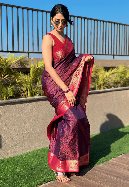 Violet Soft Kashmiri Silk Zari Woven Contrast Saree
