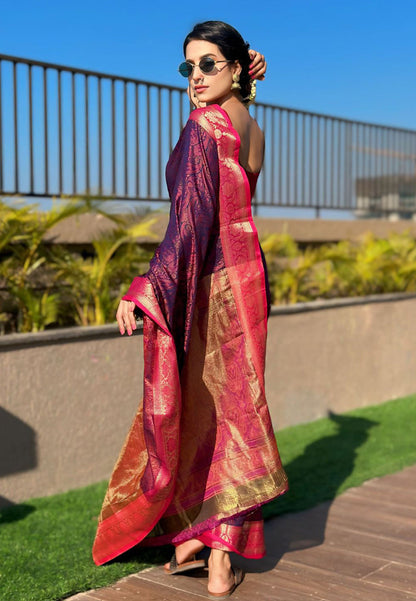 Violet Soft Kashmiri Silk Zari Woven Contrast Saree