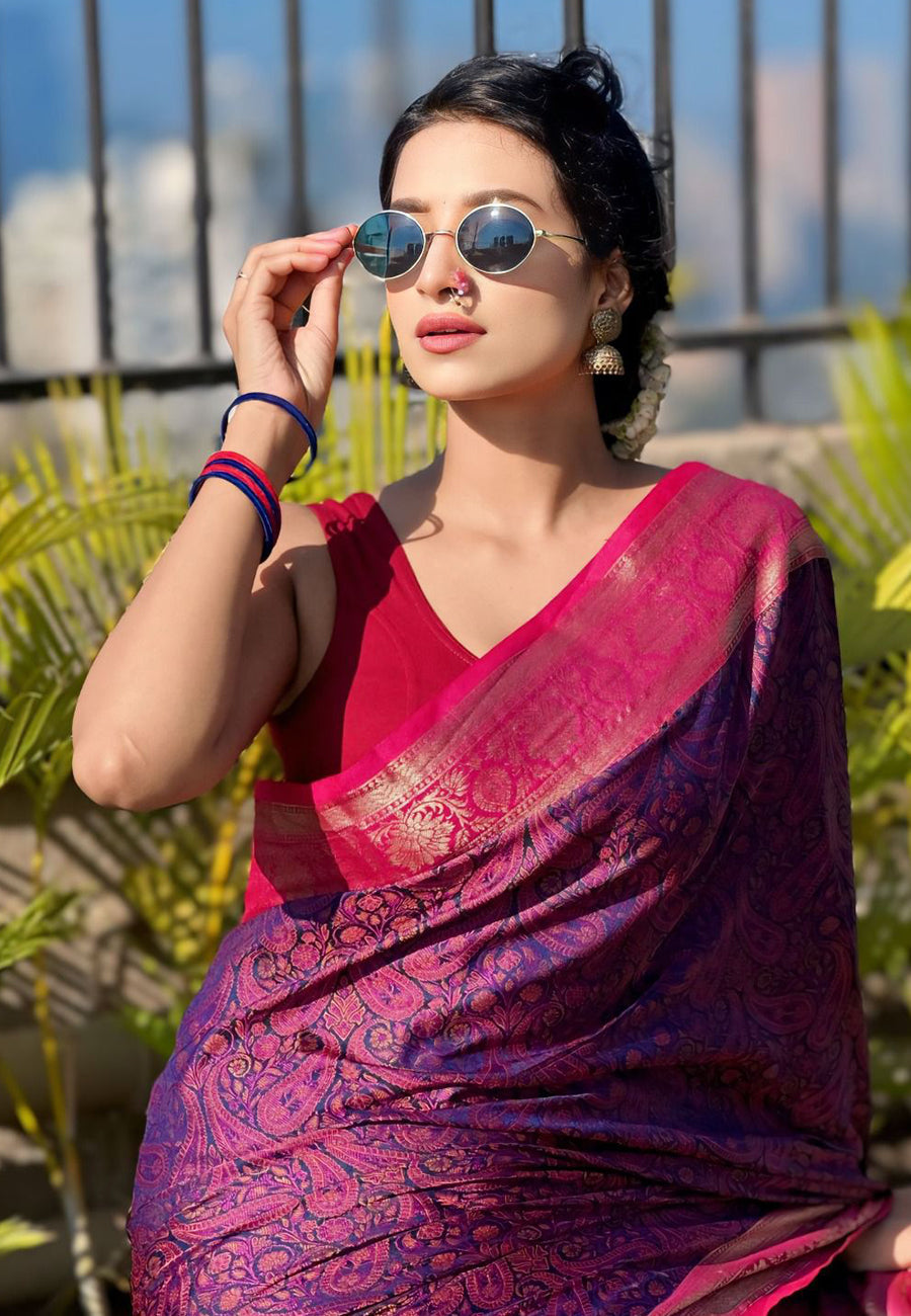 Violet Soft Kashmiri Silk Zari Woven Contrast Saree