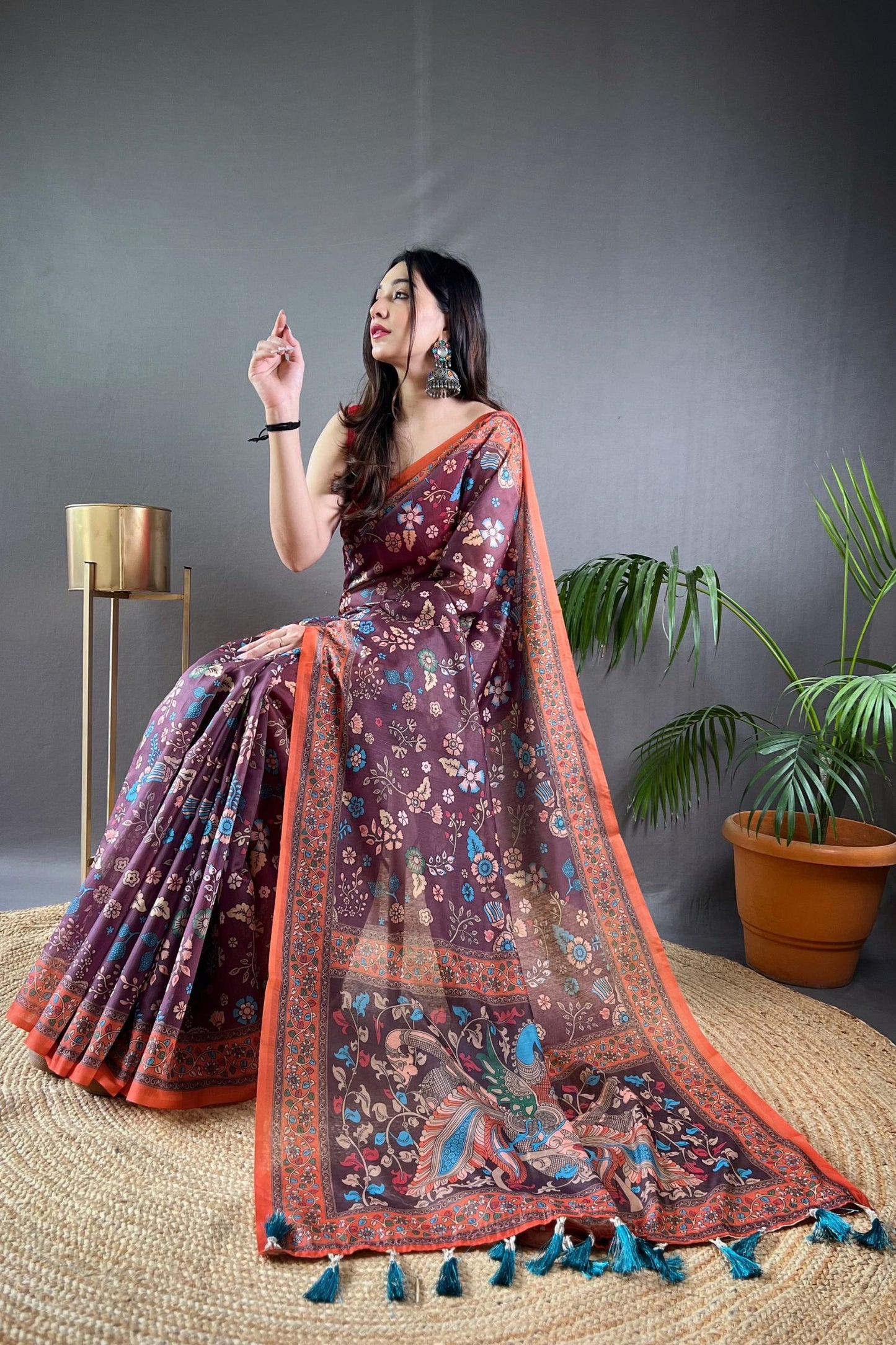 Wine Kalamkari Printed Malai Cotton Saree