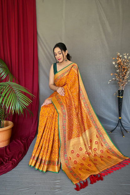 Yellow Patola Silk Saree with Flower Patola Fusion