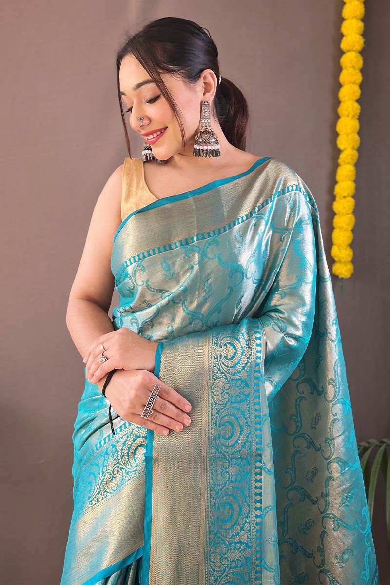 Aquamarine Blue Kanjivaram Silk Saree – GLAM RANI