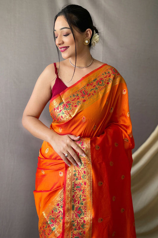 ArtyClick Orange Zari Woven Paithani Silk Saree