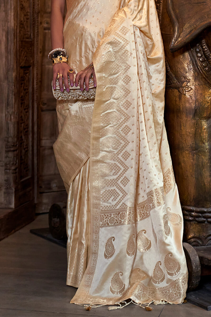 Beige Cream Banarasi Satin Silk Saree