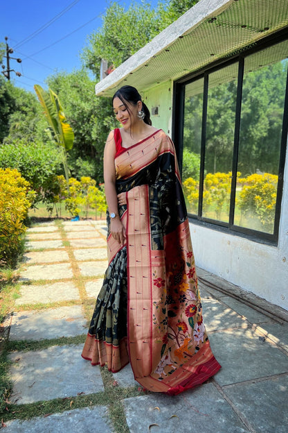 Black Zari Woven Soft Paithani Silk Saree with Traditional Pattern