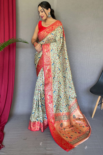 Bleach White Kalamkari Printed Silk Saree