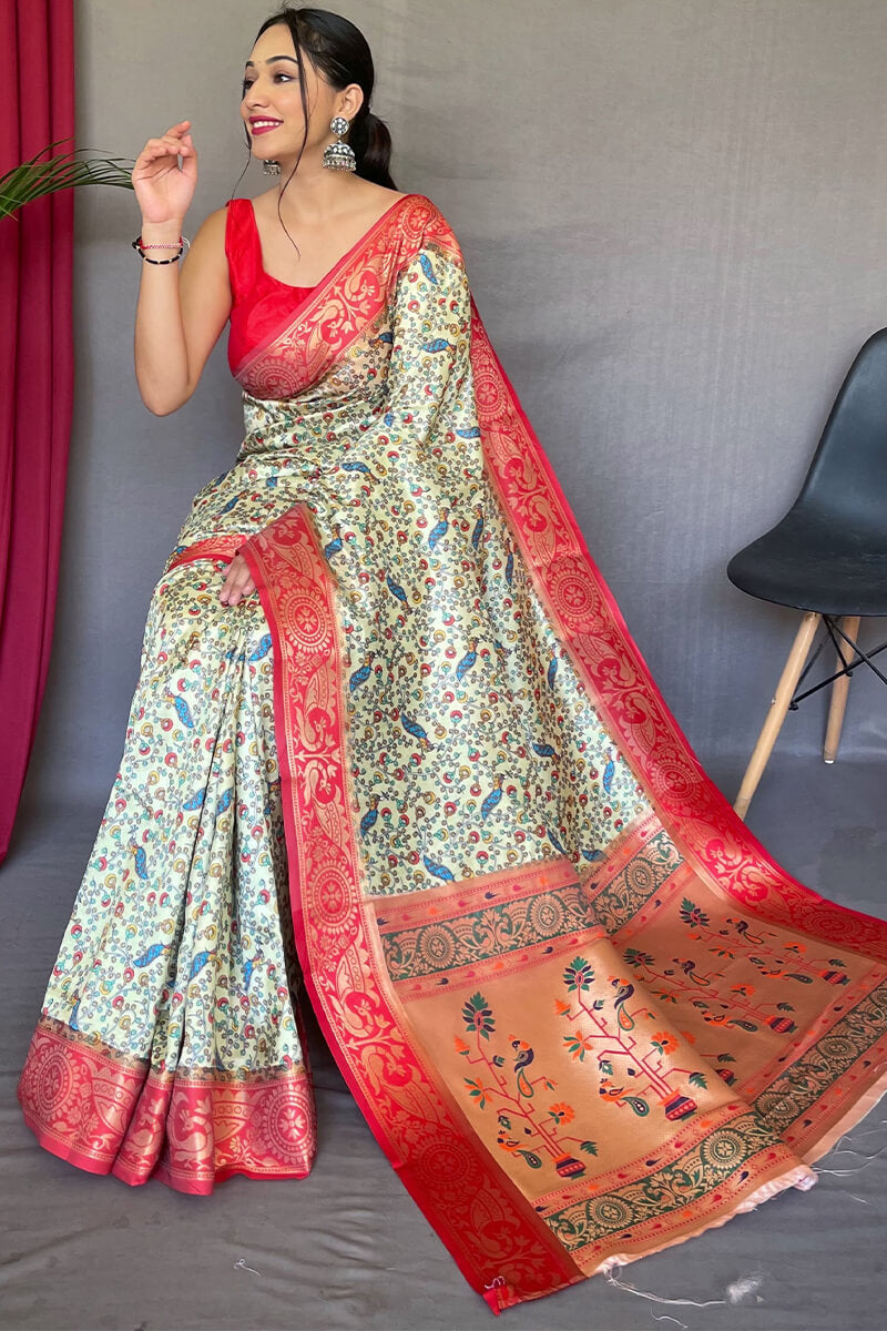 Bleach White Kalamkari Printed Silk Saree