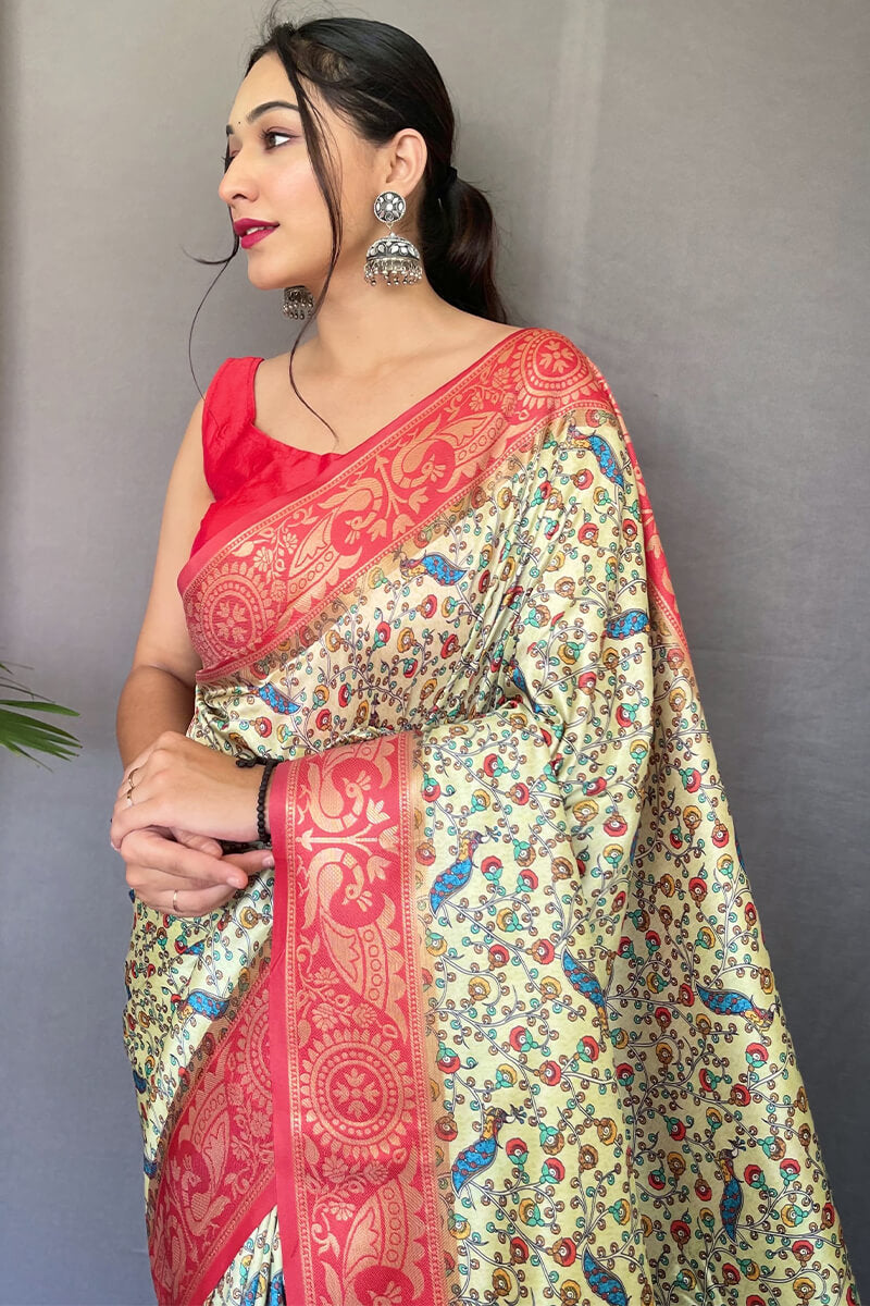 Bleach White Kalamkari Printed Silk Saree