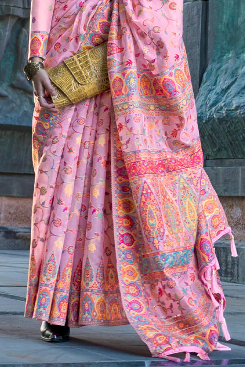 Blush Pink Kashmiri Weaving Organza Silk Saree