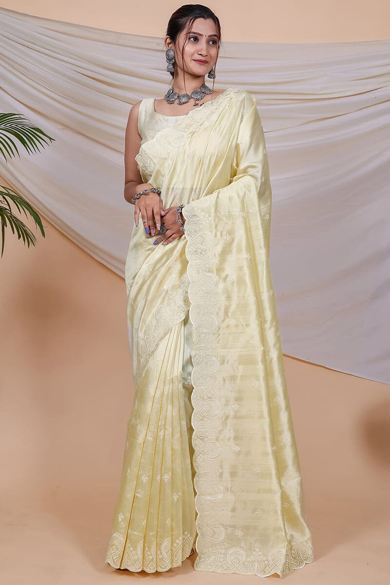 Bone Beige Embroidered Work Soft Silk Saree