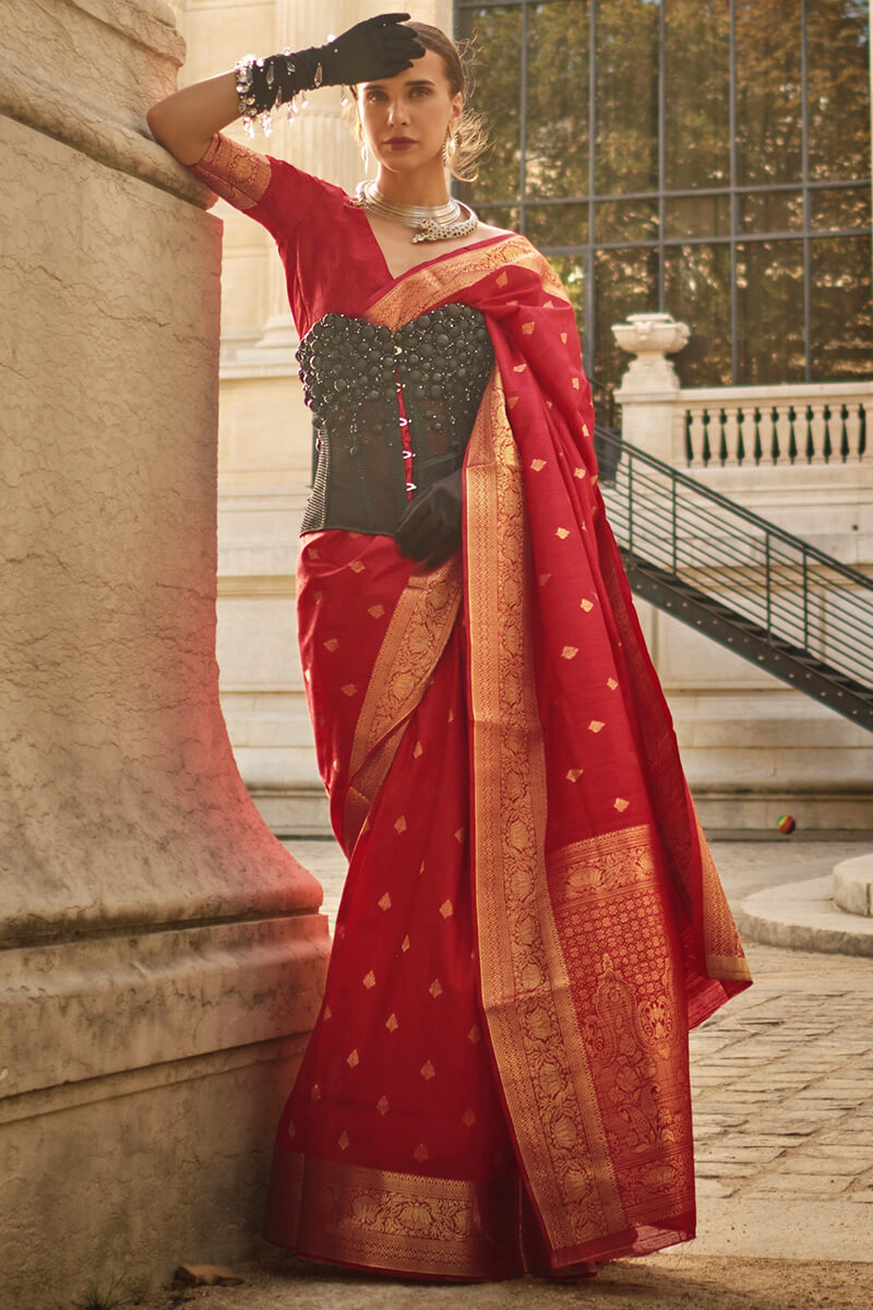 Brick Red Zari Woven Banarasi Silk Saree
