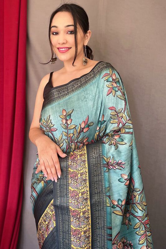 Cadet Blue Zari Woven Printed Soft Silk Saree