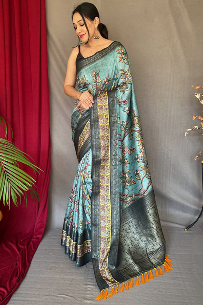Cadet Blue Zari Woven Printed Soft Silk Saree