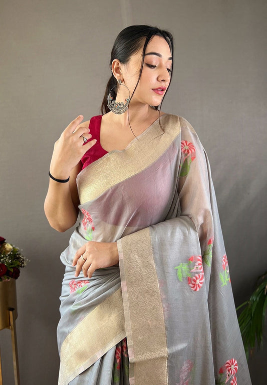 Cadet Grey Embroidered Work Cotton Saree