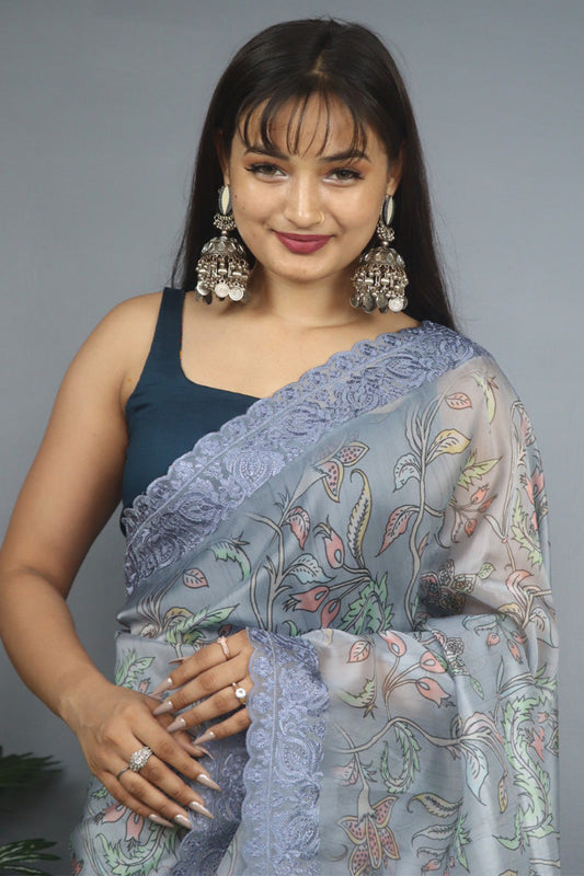 Cadet Grey Kalamkari Printed Organza Silk Saree