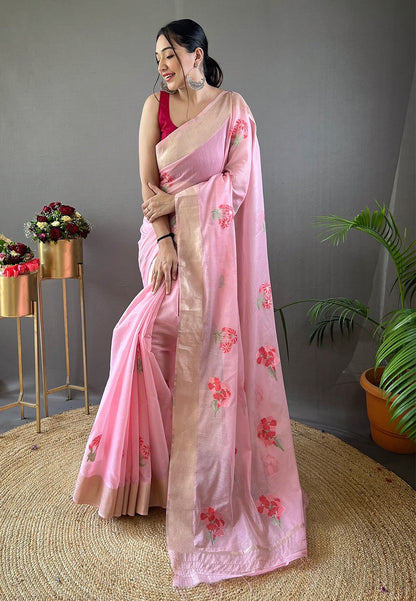 Cadillac Pink Embroidered Work Cotton Saree