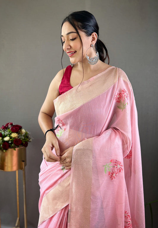 Cadillac Pink Embroidered Work Cotton Saree