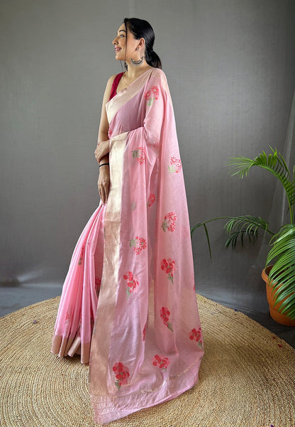 Cadillac Pink Embroidered Work Cotton Saree