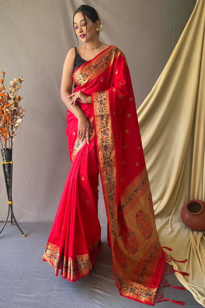 Cadmium Red Zari Woven Paithani Silk Saree