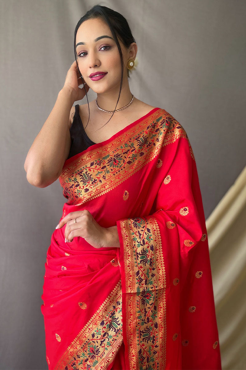 Cadmium Red Zari Woven Paithani Silk Saree